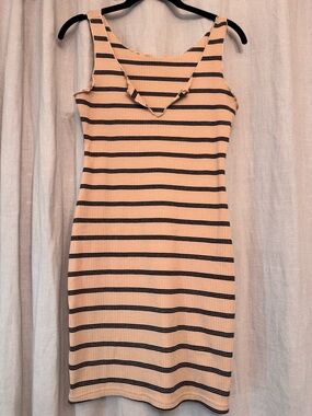 Ribbed Navy & Tan Striped Bodycon Mini Dress S